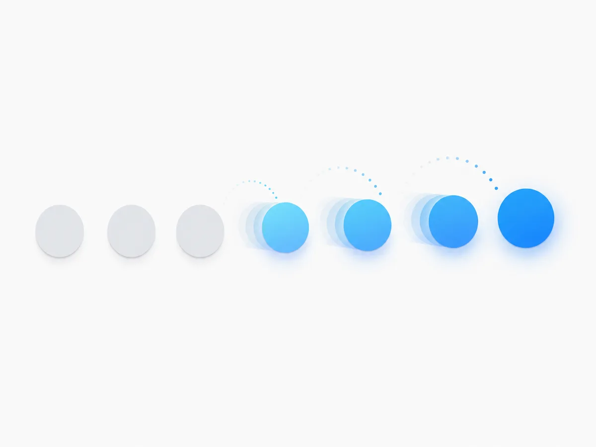 Illustration: eine Reihe grauer Punkte, die nacheinander in Markenblau aufwachen